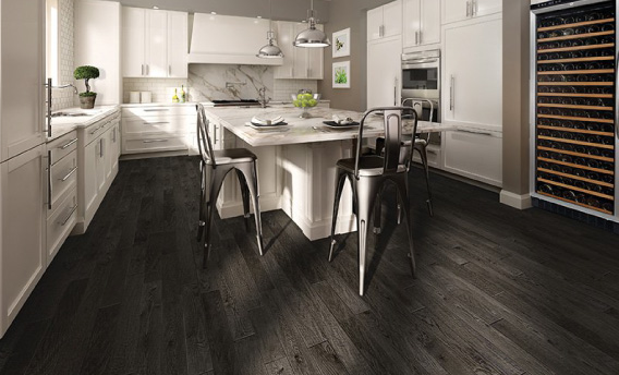 Dark Magnolia flooring adds dimension to a modern kitchen's atmosphere.